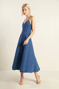 ROSEWOOD ROMANCE DENIM MIDI DRESS