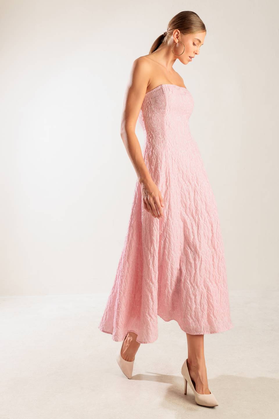 ROLL WITH IT PINK WOVEN MIDI DRESS