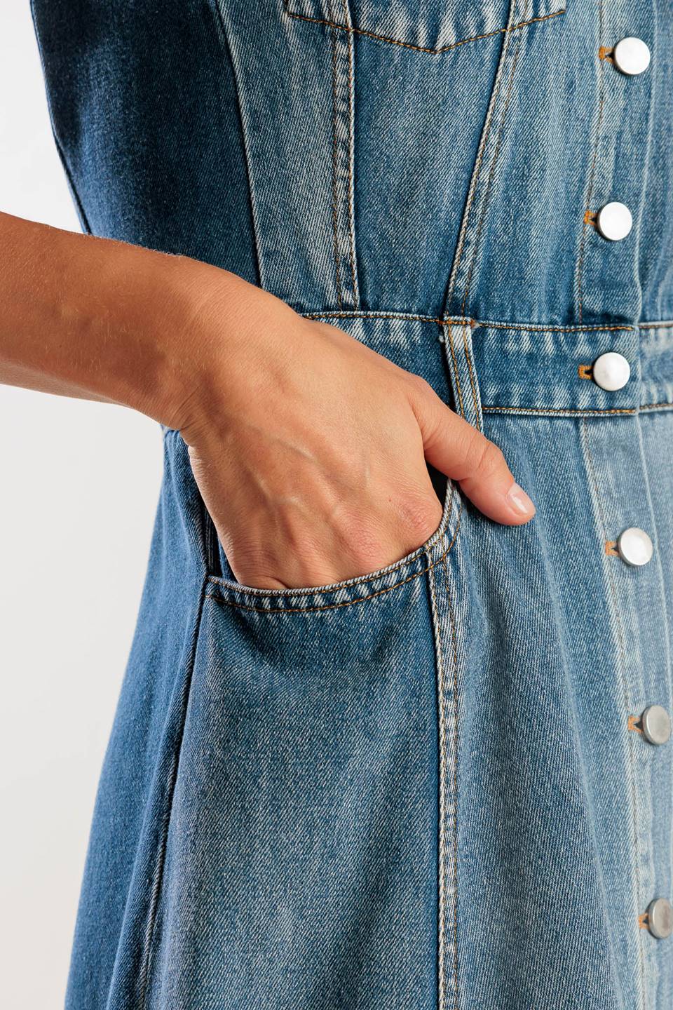 IN THE SAND SKY DENIM MIDI DRESS