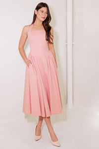 CAUGHT IN THE RAIN PINK WOVEN MIDI DRESS