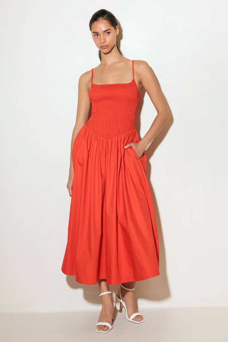 MOVE WITH INTENTION RED WOVEN MIDI DRESS