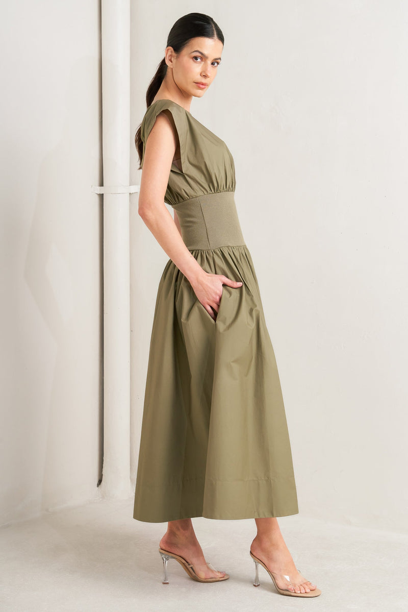 DREAMWEAVER ROMANTIC OLIVE WOVEN MIDI DRESS