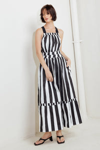 LUXE LINEAR STRIPED WOVEN MIDI DRESS