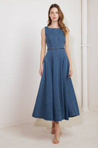 CREAM FIELD DENIM MIDI DRESS