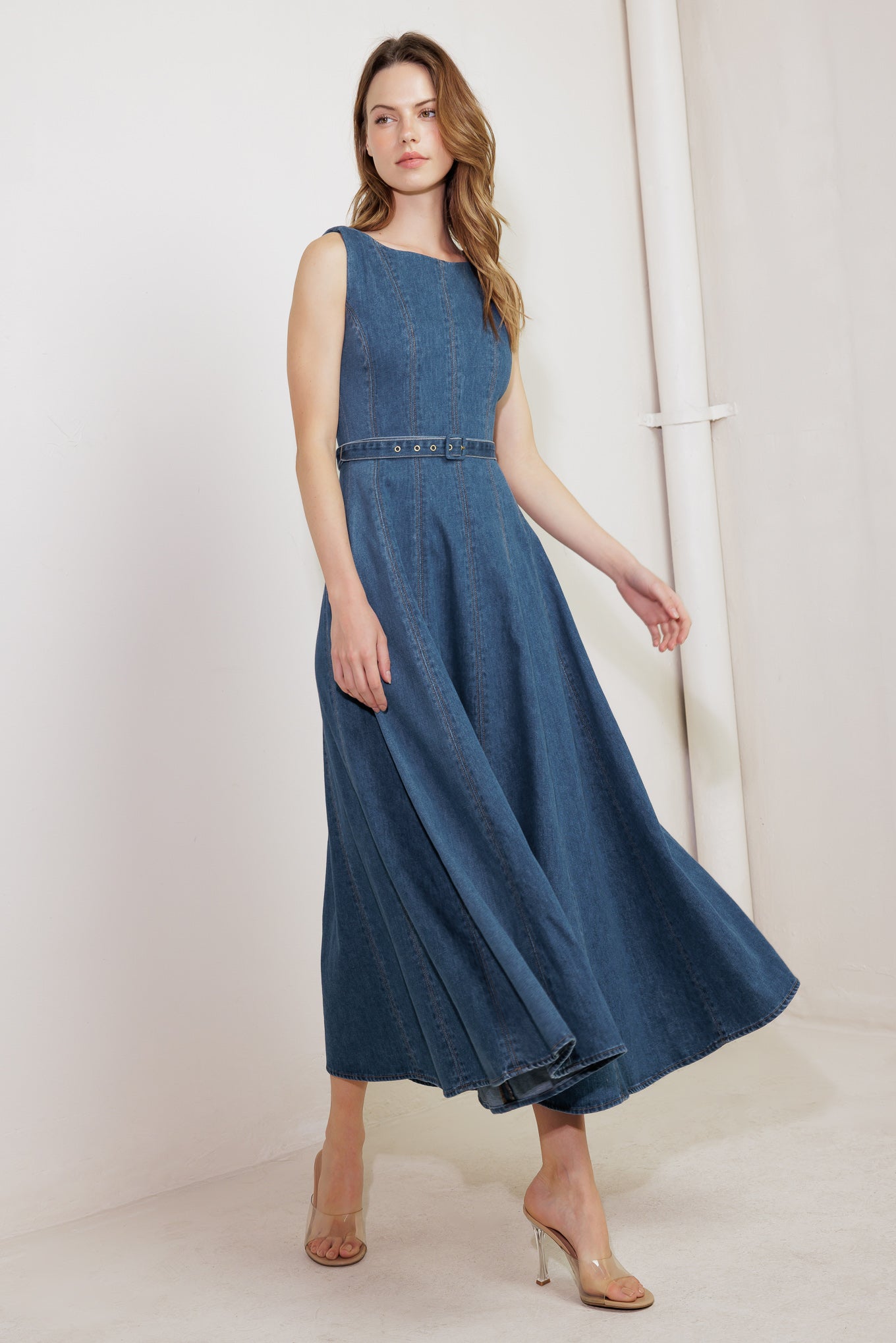 CREAM FIELD DENIM MIDI DRESS