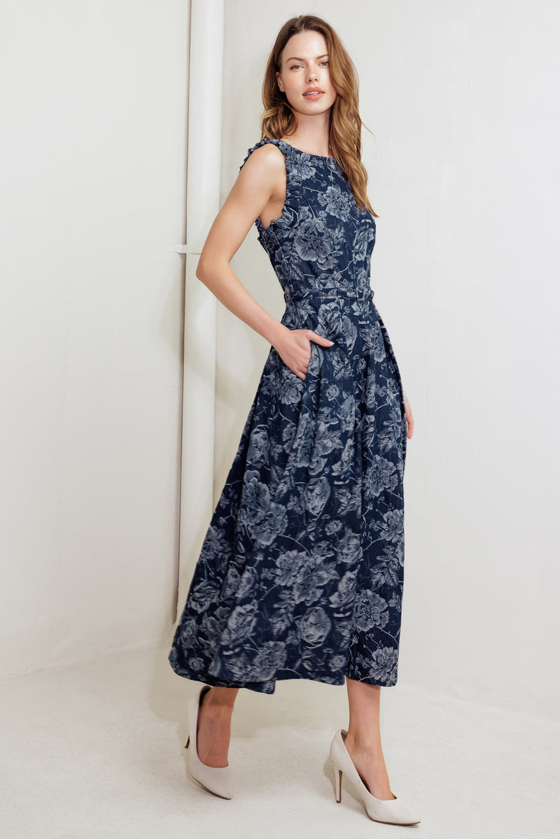 DUSK ROSE WOVEN DENIM MIDI DRESS
