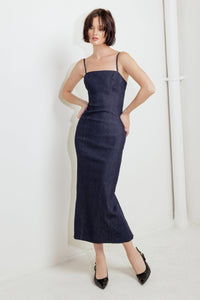 QUIET CURVE DARK DENIM MIDI DRESS