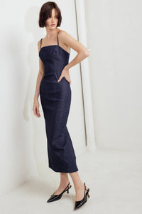 QUIET CURVE DARK DENIM MIDI DRESS