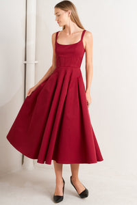 CRIMSON TWIRL WOVEN MIDI DRESS