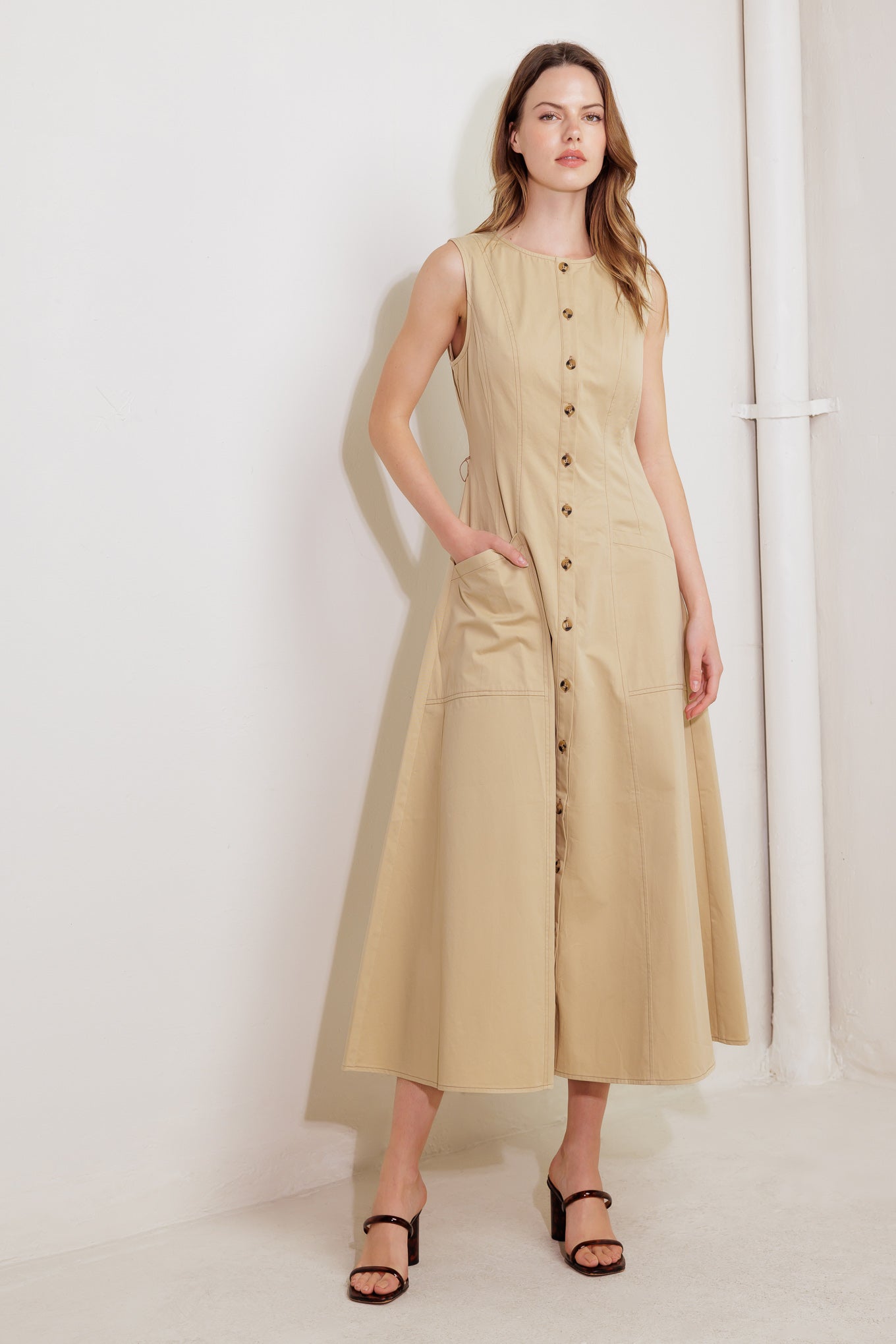 NATURE’S GENTLE SONG BEIGE WOVEN MIDI DRESS