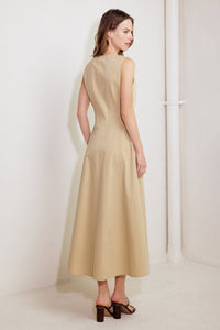 NATURE’S GENTLE SONG BEIGE WOVEN MIDI DRESS