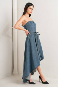 MIDNIGHT VOLUME DENIM MIDI DRESS