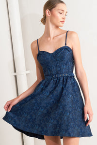 NAVY ROMANCE WOVEN JACQUARD MINI DRESS