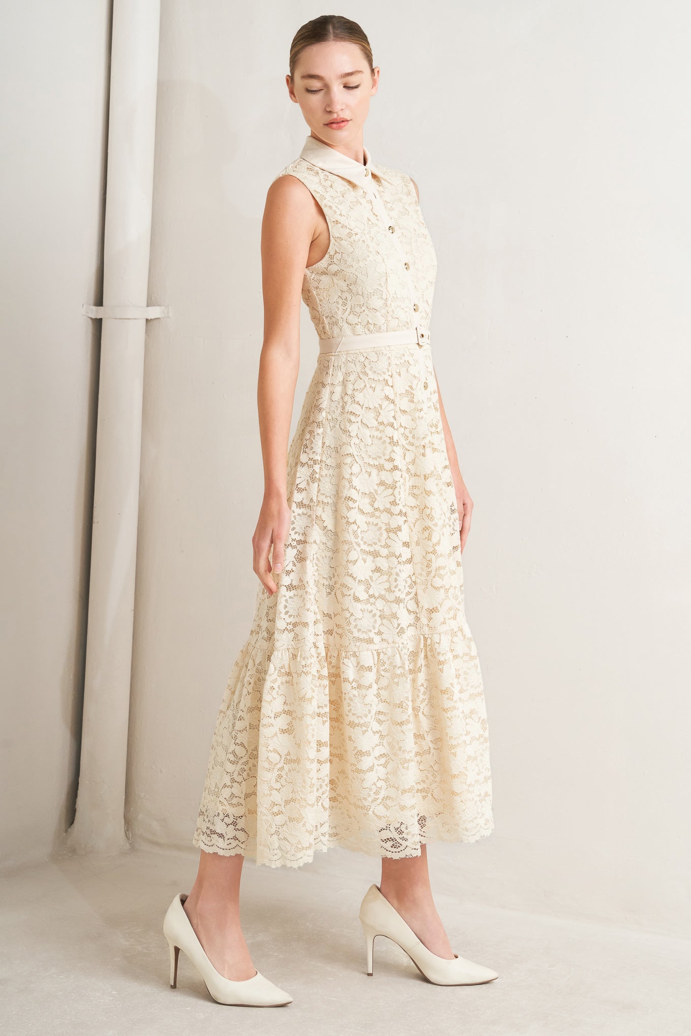 PURELY ROMANTIC WOVEN LACE MIDI DRESS