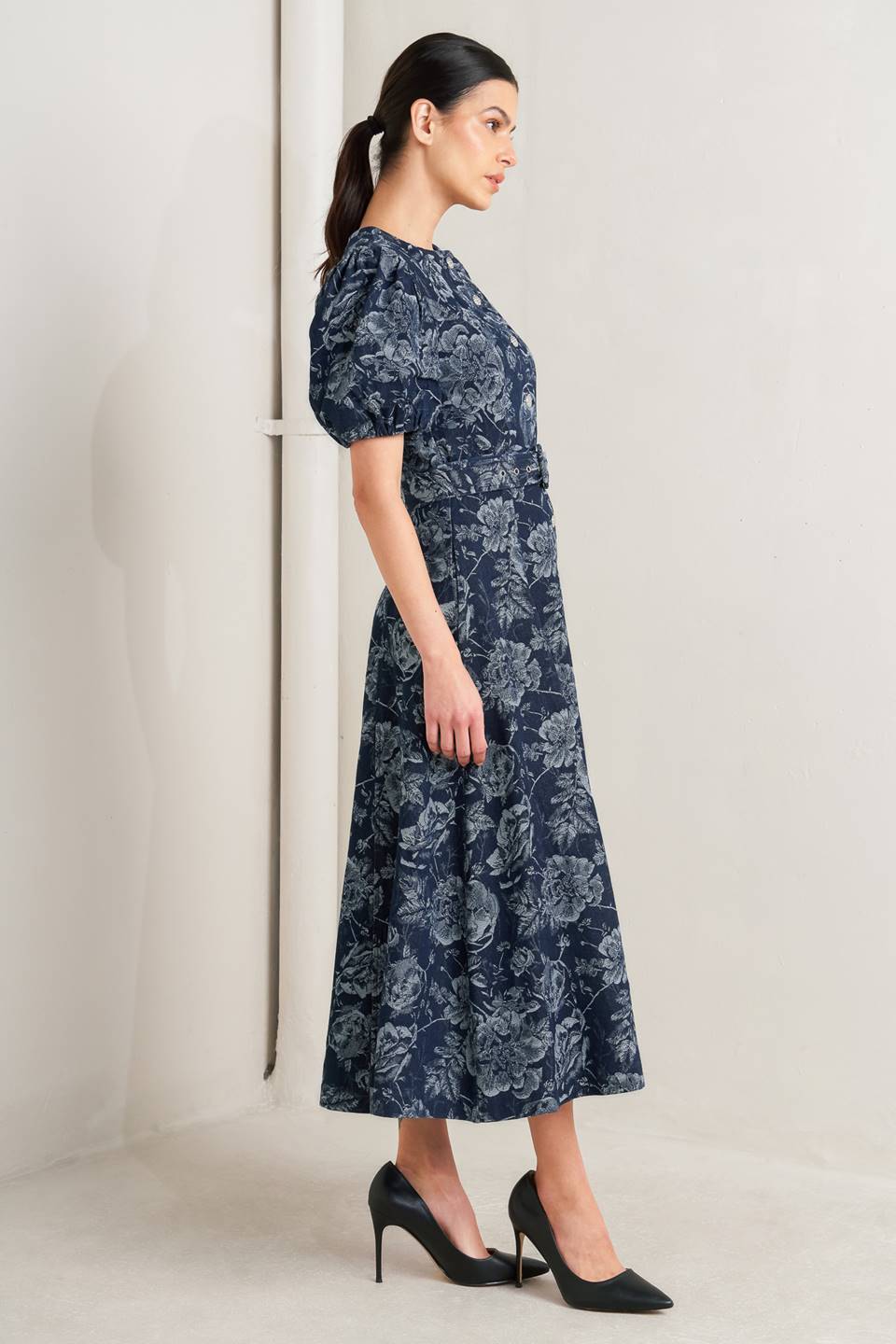 DARK BLOOM JACQUARD DENIM MIDI DRESS