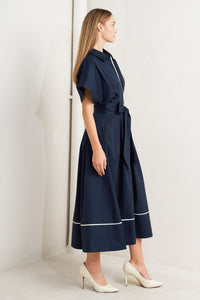 CATCH YOU LATER NAVY WOVEN MIDI DRESS