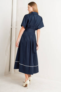 CATCH YOU LATER NAVY WOVEN MIDI DRESS