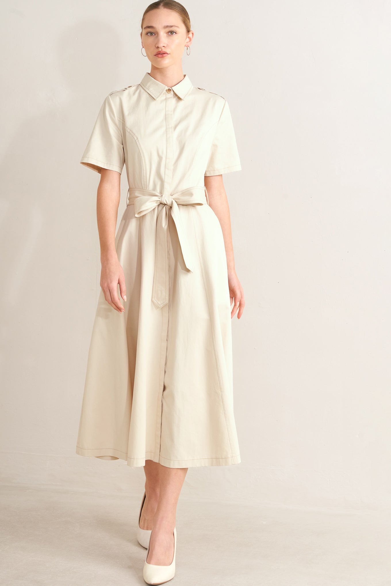 SANDSTONE GRACE WOVEN MIDI SHIRT DRESS