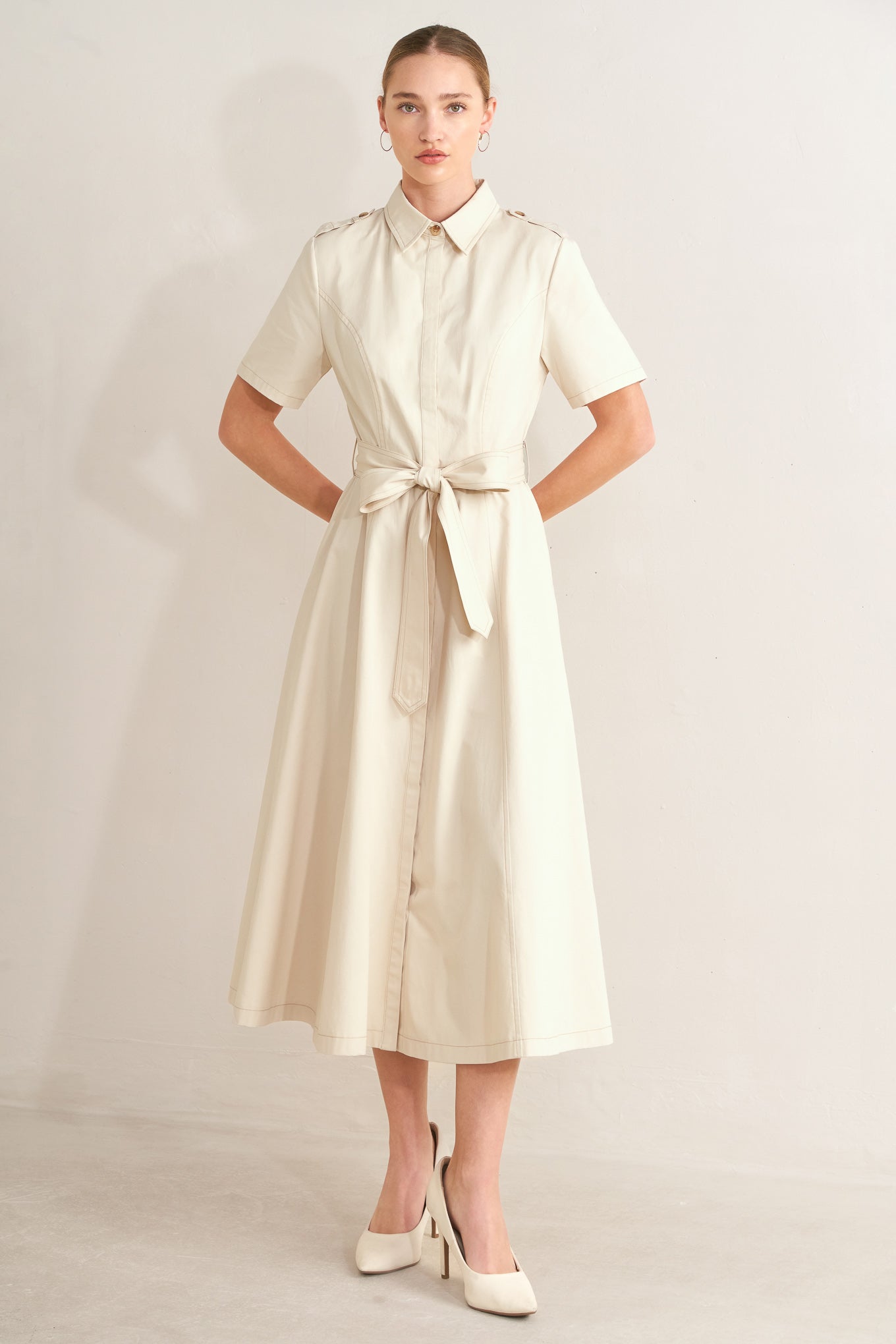 SANDSTONE GRACE WOVEN MIDI SHIRT DRESS
