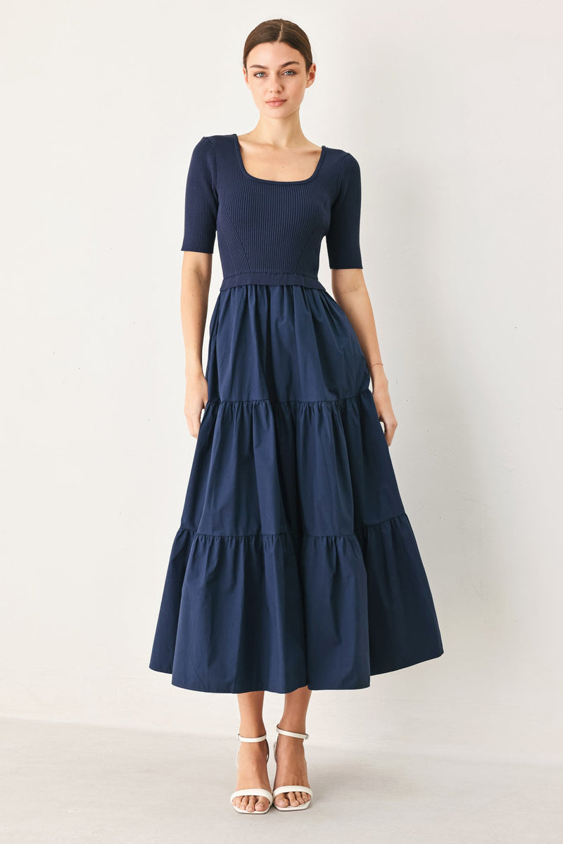 navy knit taffeta midi dress Elegant Era Sweater Suit Collection