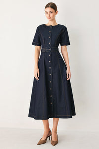 ROMANTIC DENIM WOVEN MIDI DRESS