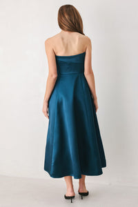 TEAL TEMPO ASYMMETRICAL STRAPLESS CIRCLE-SKIRT MIDI DRESS