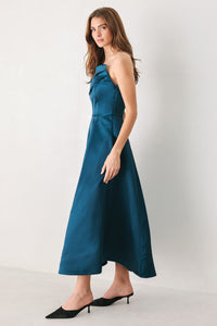 TEAL TEMPO ASYMMETRICAL STRAPLESS CIRCLE-SKIRT MIDI DRESS