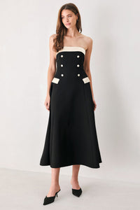 PARISIAN POISE BLACK/CREAM STRAPLESS BUTTON MIDI DRESS