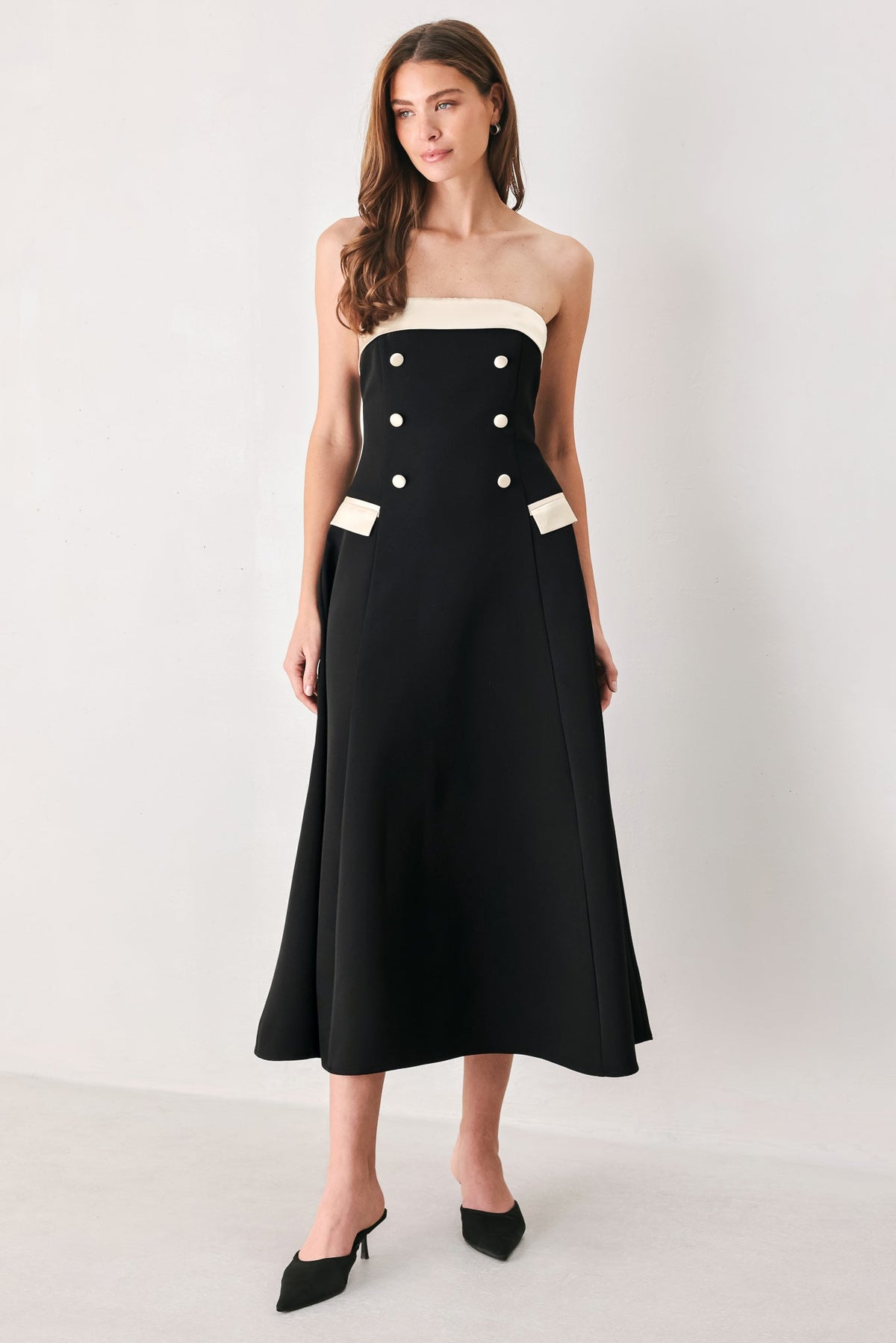 PARISIAN POISE BLACK/CREAM STRAPLESS BUTTON MIDI DRESS