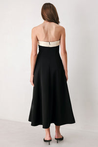 PARISIAN POISE BLACK/CREAM STRAPLESS BUTTON MIDI DRESS
