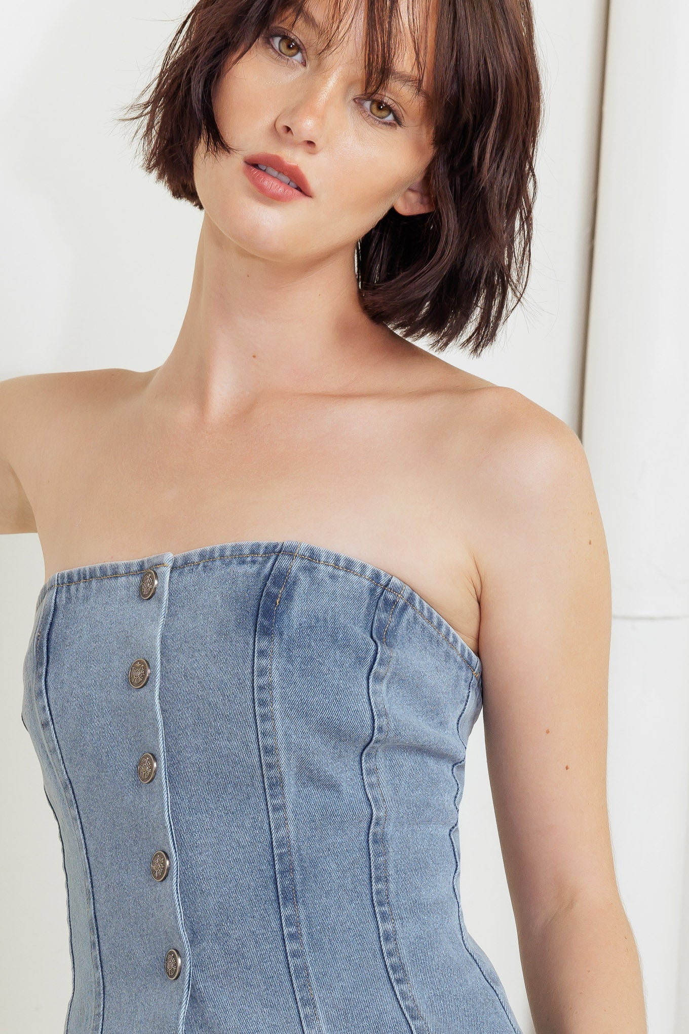 STITCHED SILHOUETTE DENIM TOP