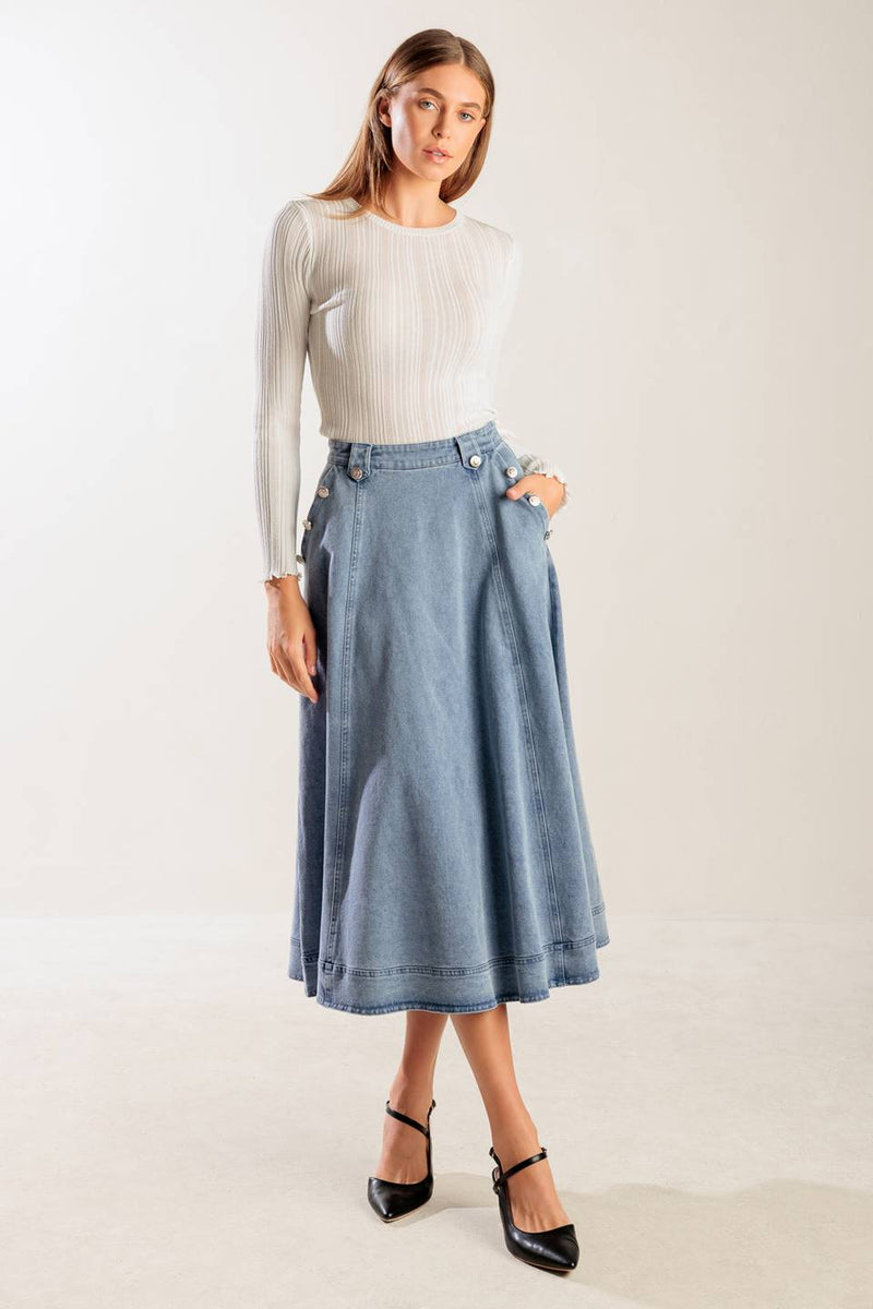 AT FIRST GLANCE DENIM MIDI SKIRT