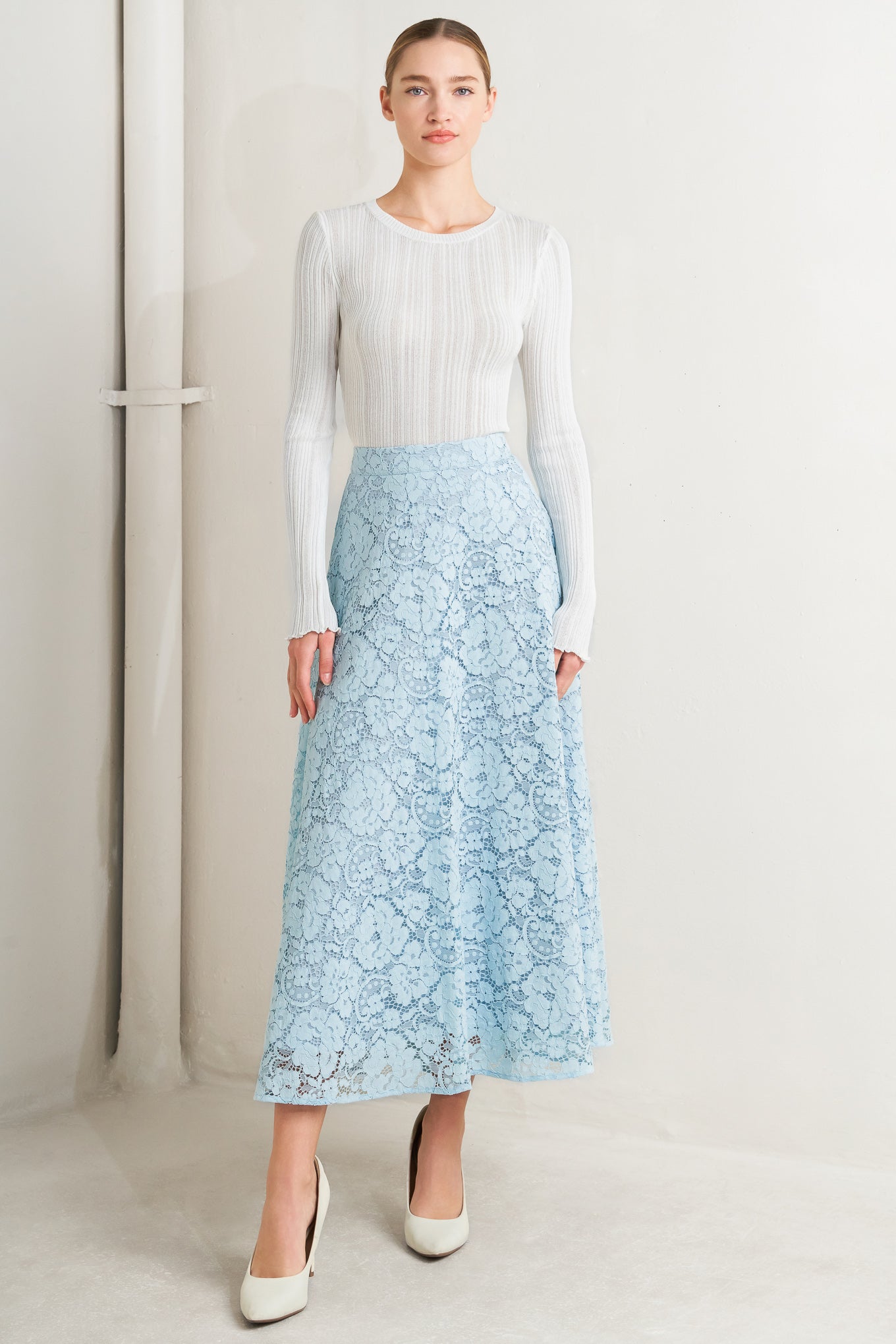 PURELY ROMANTIC WOVEN LACE MIDI SKIRT