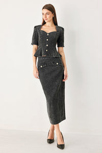 STONEWASHED DENIM MIDI PENCIL SKIRT