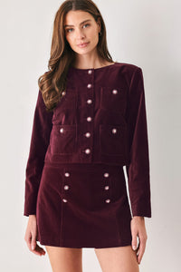 BORDEAUX VELVET BURGUNDY BUTTON-DETAIL SKORT