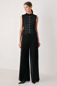 VELVET COMMAND BLACK BUTTON-WAIST WIDE-LEG PANTS