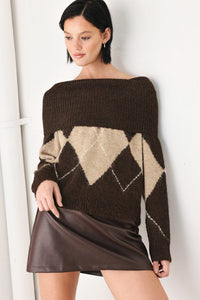 COZY MOMENTS BROWN ARGYLE COWL NECK SWEATER