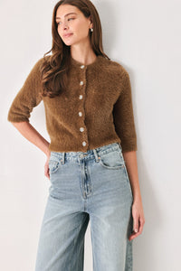 CAMEL CLASSIC CAMEL/OFF WHITE ELBOW-SLEEVE CARDIGAN