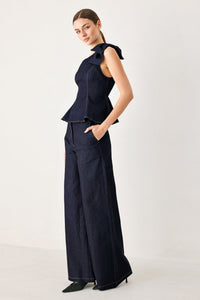 INDIGO BOW ONE SHOULDER DENIM TOP
