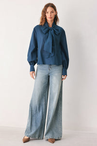 OCEAN INK PUSSY-BOW WOVEN TOP
