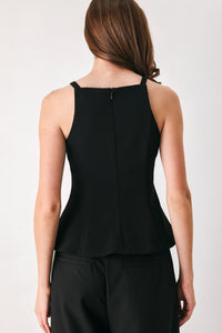 BOW NOIR BLACK RHINESTONE HALTER PEPLUM TOP