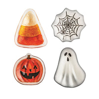 Four Halloween-themed plates on a white background