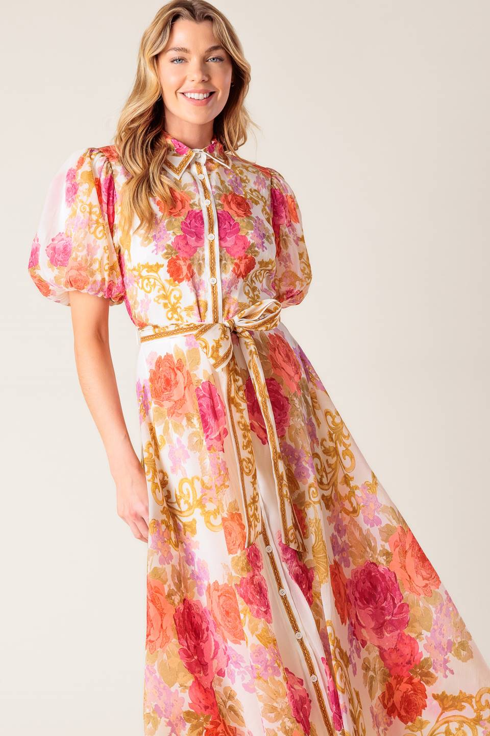 GARDEN TAPESTRY IVORY FLORAL WOVEN MIDI DRESS