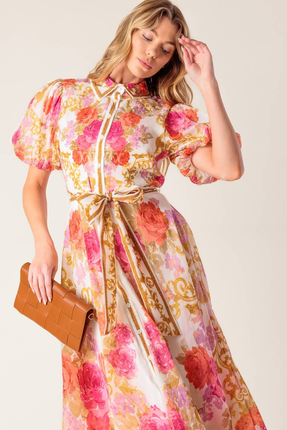 GARDEN TAPESTRY IVORY FLORAL WOVEN MIDI DRESS
