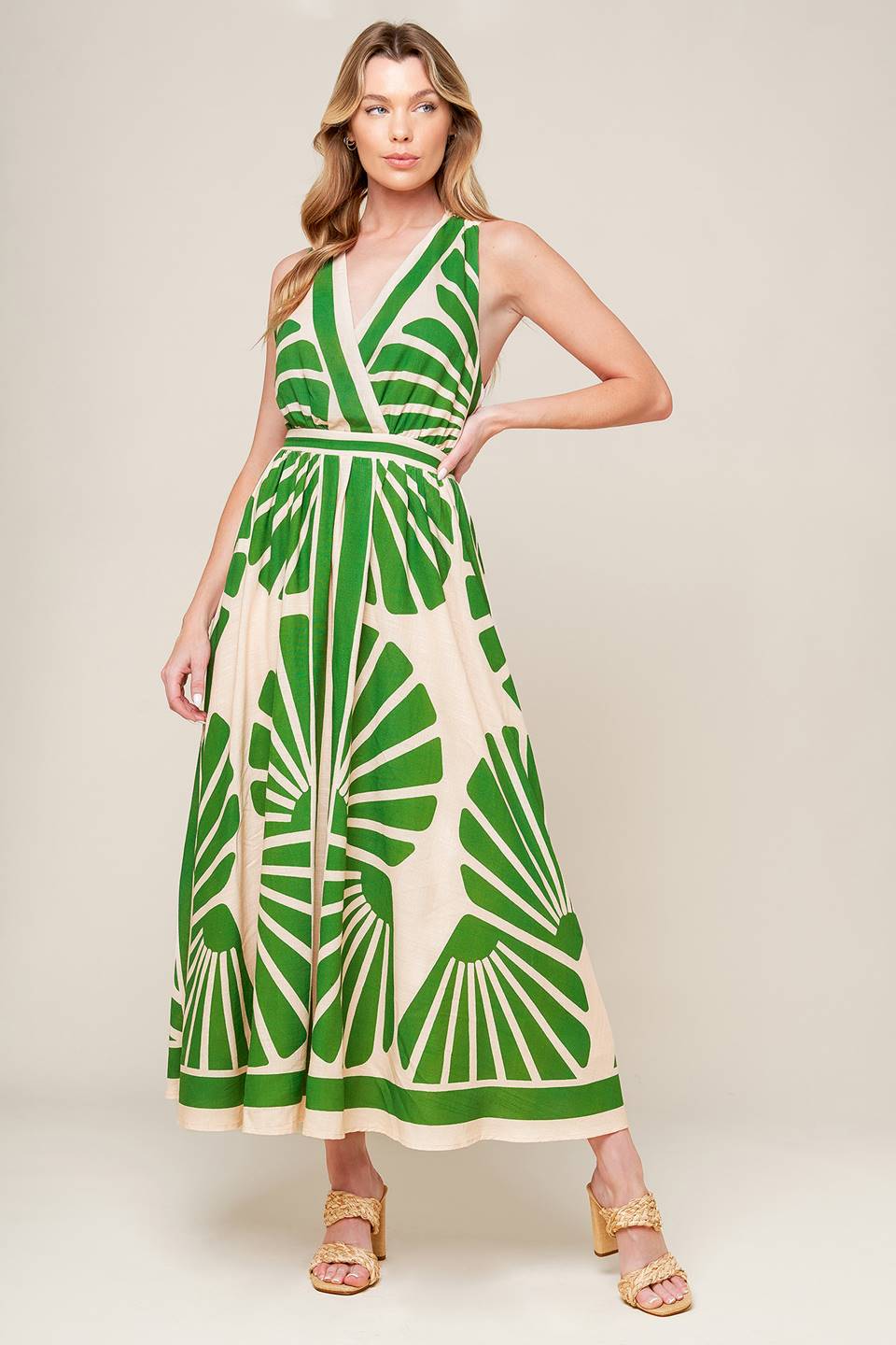 SWEPT ME OFF MY FEET GREEN WOVEN MIDI DRESS