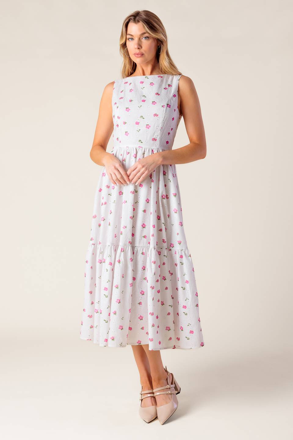 THENA GARDEN PARTY WOVEN EYELET MIDI DRESS