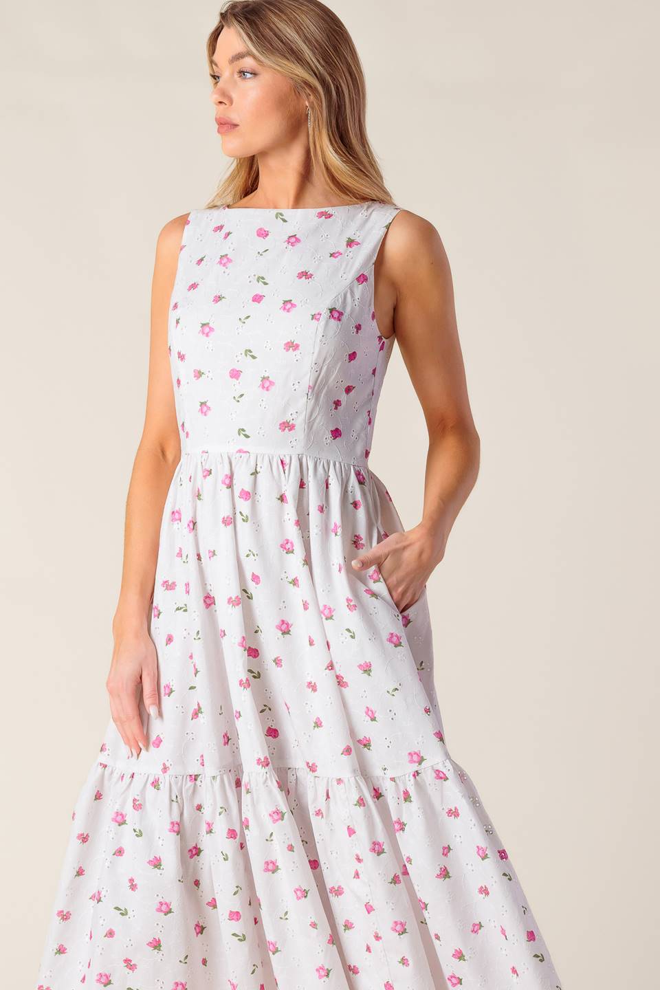 THENA GARDEN PARTY WOVEN EYELET MIDI DRESS