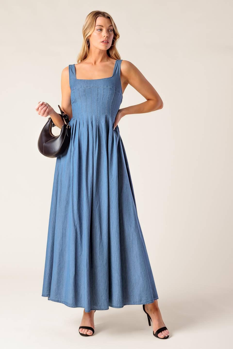 indigo denim midi dress Women's Made to Command Dark Indigo Cotton Denim Button-Front Midi Dress | Size: L