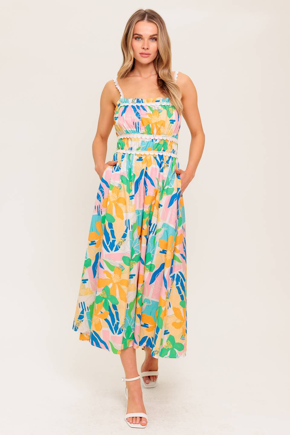 SUNLIT GARDEN PINK BLUE WOVEN MIDI DRESS