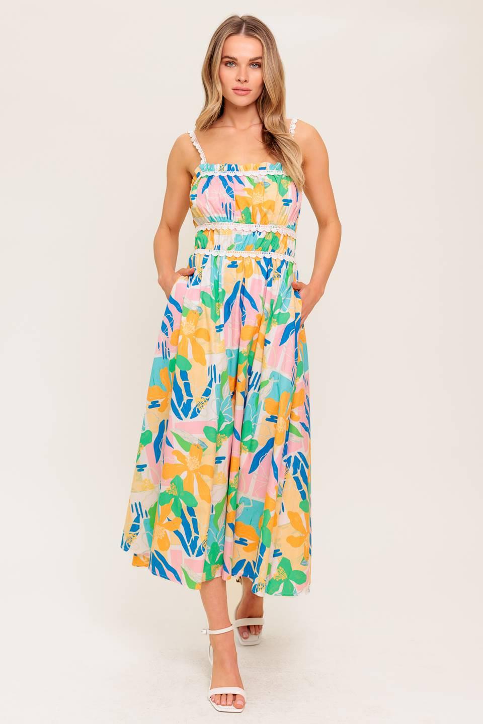 SUNLIT GARDEN PINK BLUE WOVEN MIDI DRESS